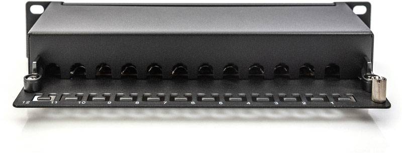 Černý patch panel s dvanácti očíslovanými porty, který se používá ke správě síťových připojení v serverovně nebo kanceláři.