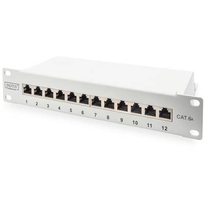 Patch panel se 12 ethernetovými porty, číslovanými od 1 do 12, pro síťové kabeláže; opatřený nápisem „CAT.6a".
