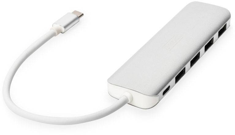 USB-C hub s několika porty, včetně USB a HDMI, umožňuje připojení různých zařízení k laptopu.