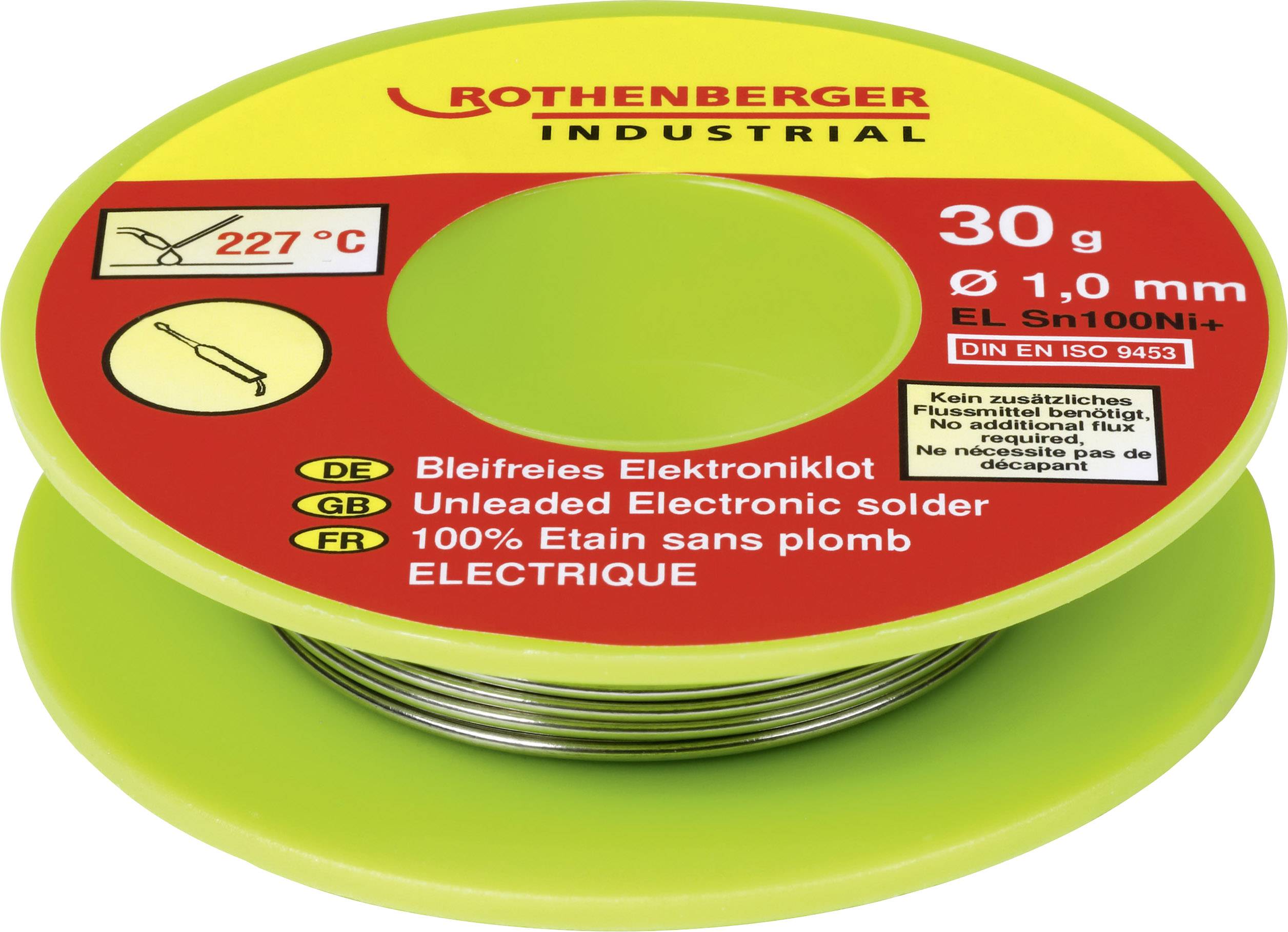 Cívka s bezolovnatou elektrickou pájkou 'Rothenberger Industrial', 30 g, průměr 1,0 mm, vhodná pro elektroniku a elektrotechnické práce.