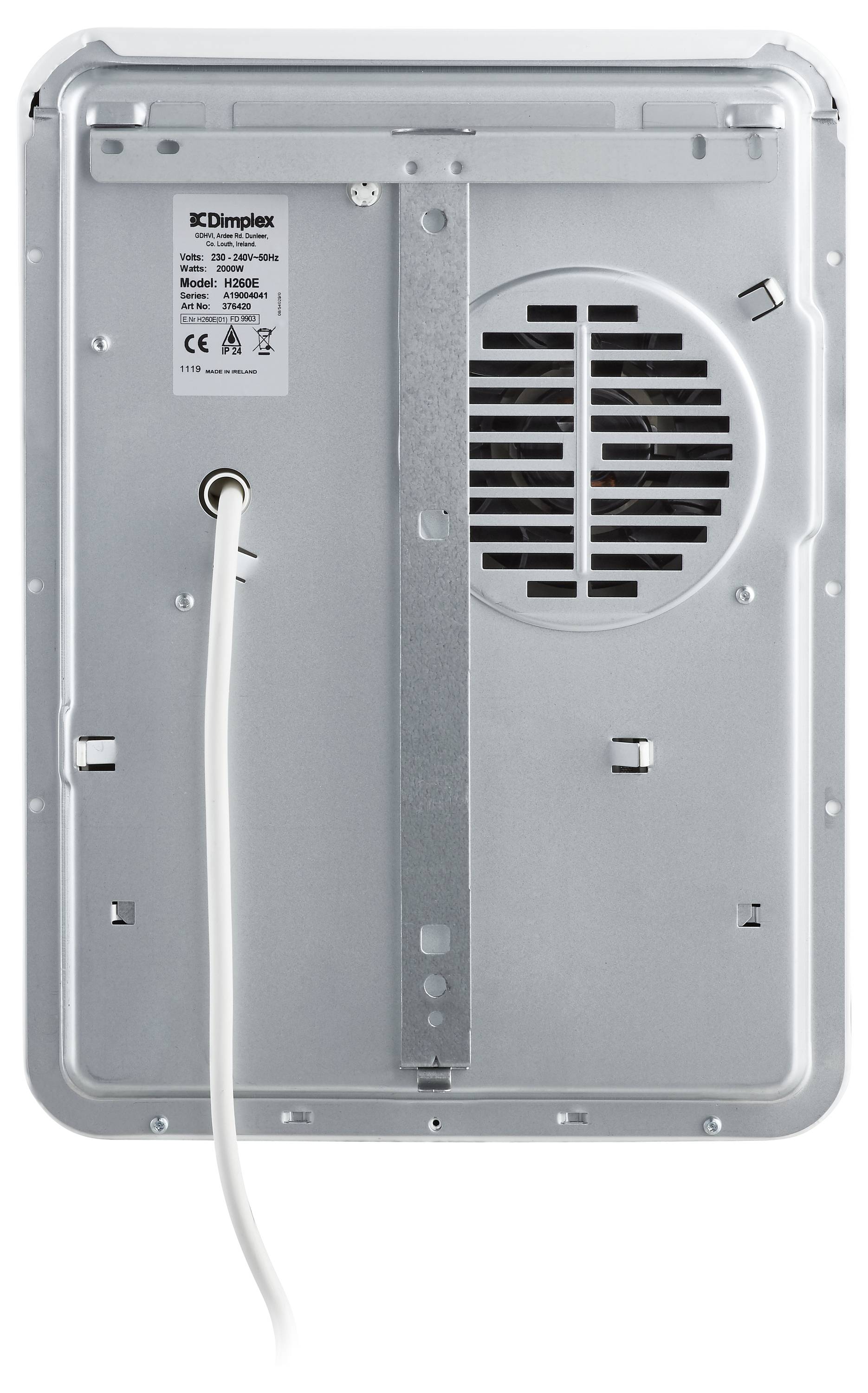 Obrázek ukazuje zadní stranu elektrického nástěnného topného tělesa s ventilátorem a přívodním elektrickým kabelem.