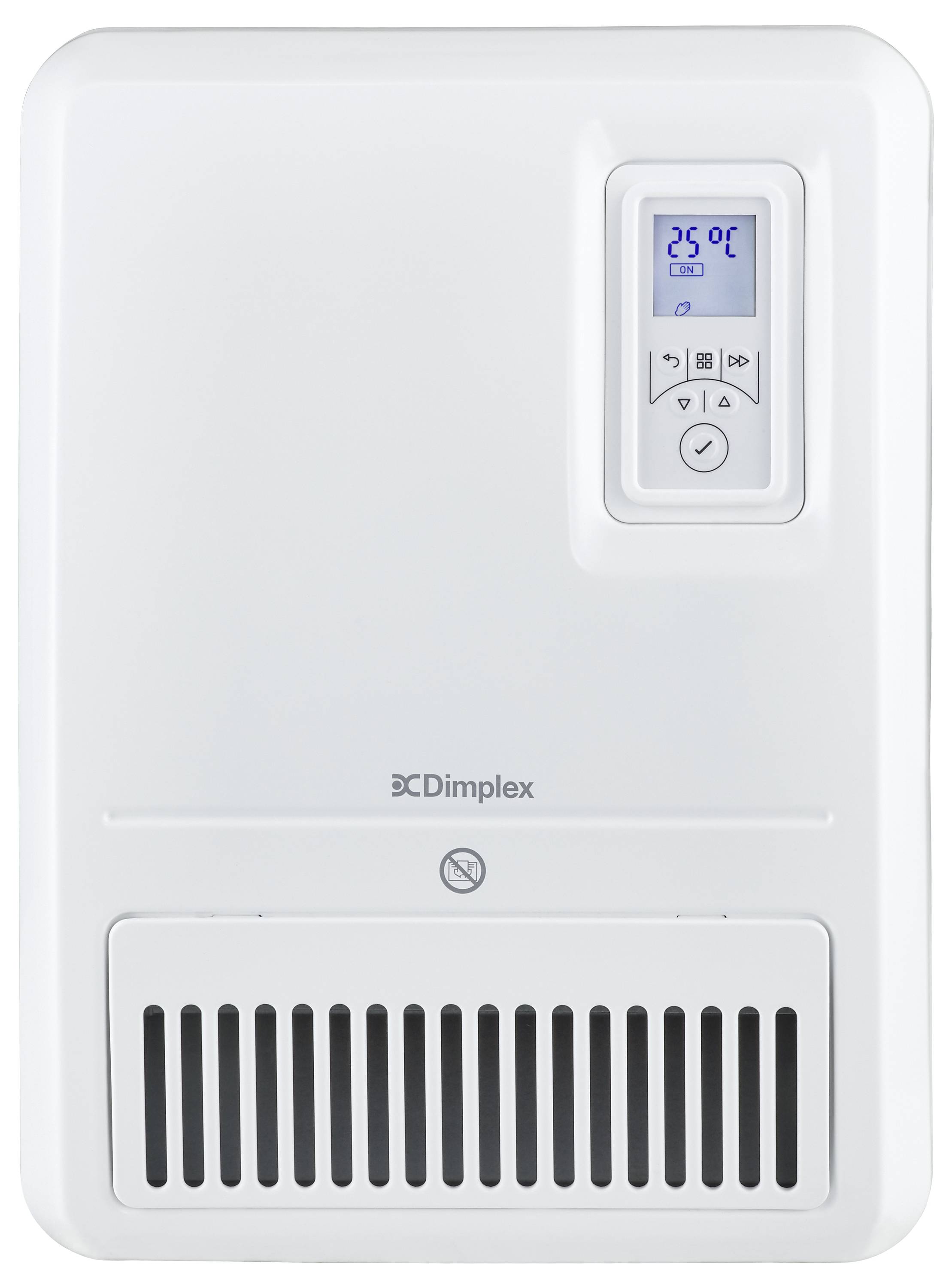 Bílý elektrický topný ventilátor s digitálním displejem zobrazujícím '25 °C'. Ovládací tlačítka se nacházejí pod displejem.
