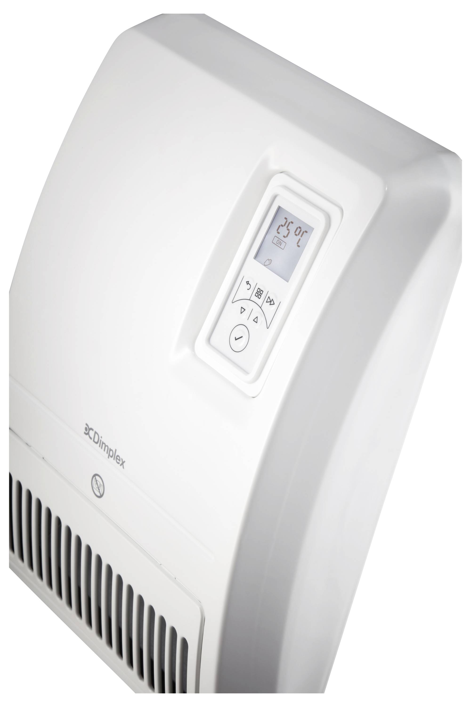Bílý elektrický teplovzdušný ventilátor s digitálním displejem, který ukazuje 25 °C. Ovládací tlačítka se nacházejí pod displejem.