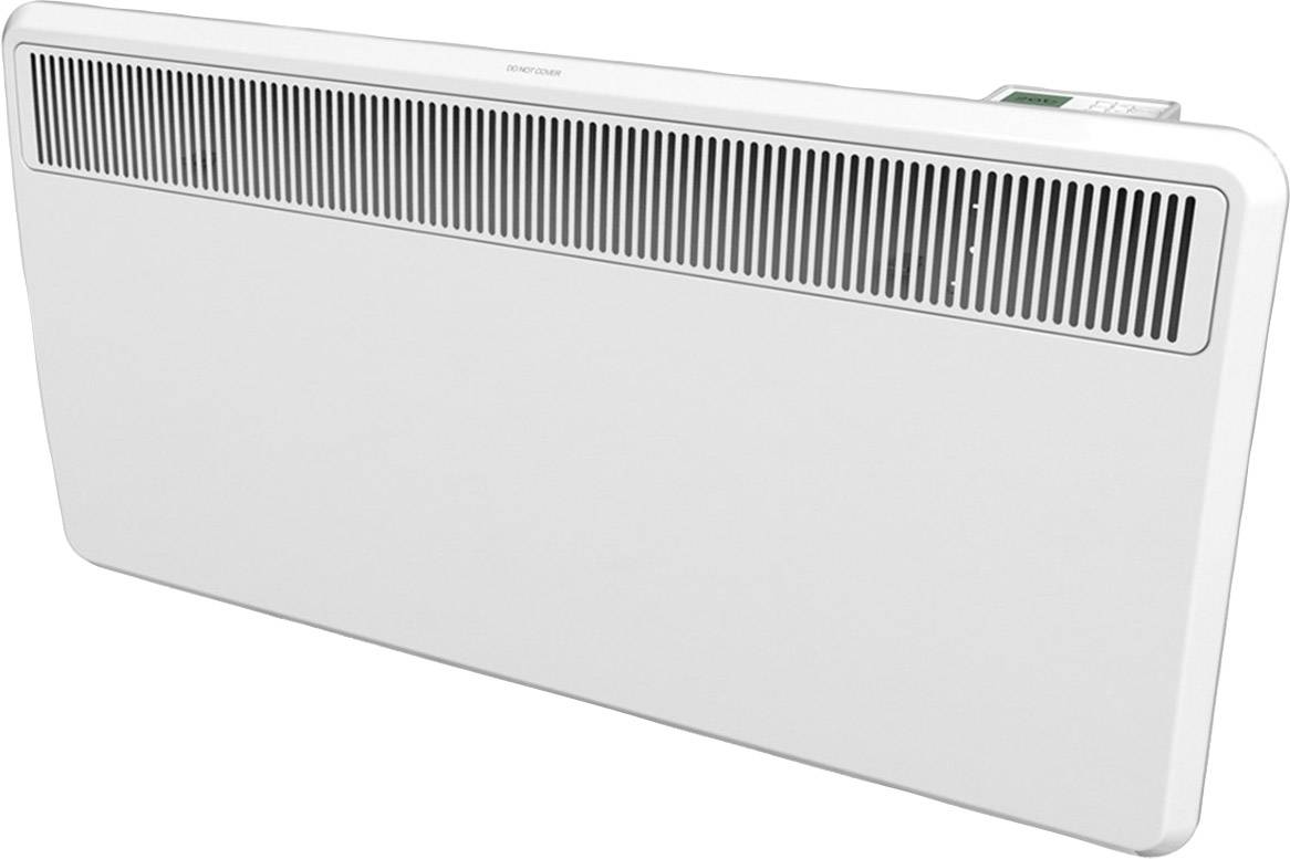 Elektrický topný článek v bílé barvě s větracími otvory nahoře a ovládacím panelem na pravé straně.