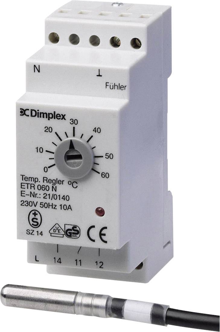 Teplotní regulátor s otočným ovladačem pro nastavení teploty mezi -30 a 30 °C. Připojovací svorky a čidlo jsou viditelné. Model: ETR 060 N.