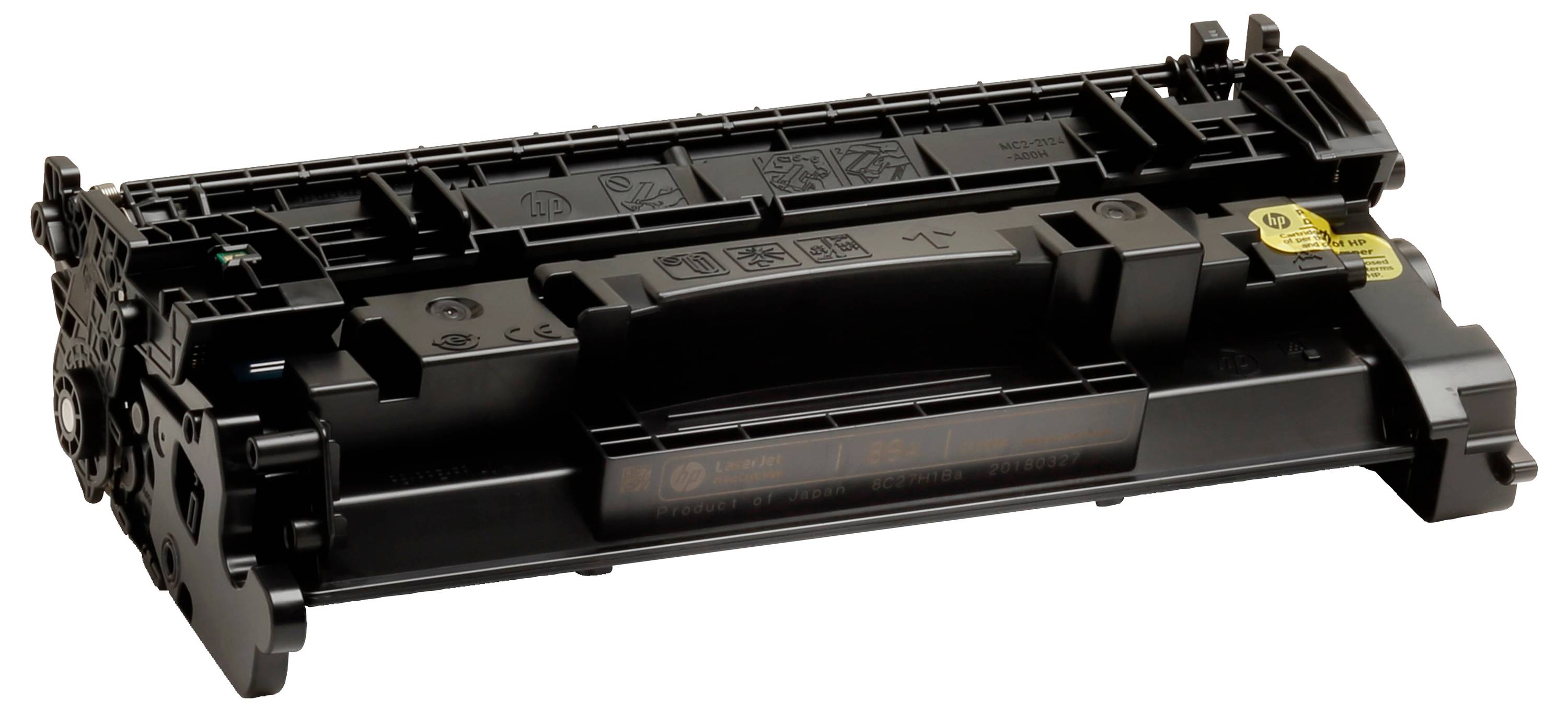 Cartridge s tonerem pro černou laserovou tiskárnu zobrazená v perspektivě na bílém pozadí