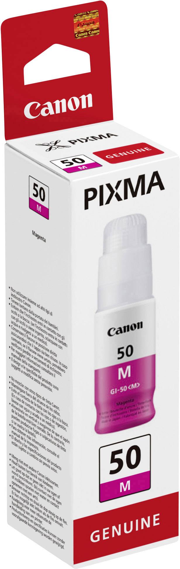 Canon inkoustová láhev, model Pixma 50M, v červeno-bílém obalu. Obsahuje purpurový inkoust, vhodný pro tiskárny Canon.