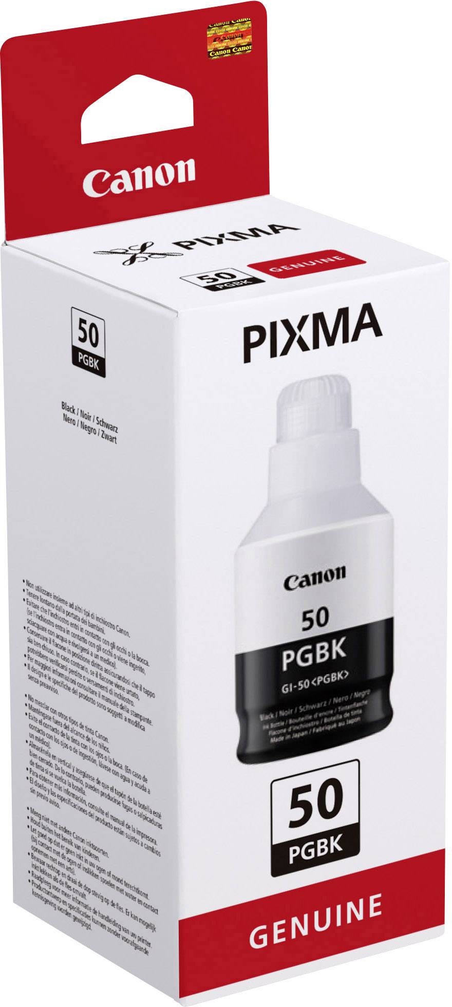 Bílá Canon PIXMA inkoustová láhev, model 50 PGBK, v obalu s červeným a bílým designem.