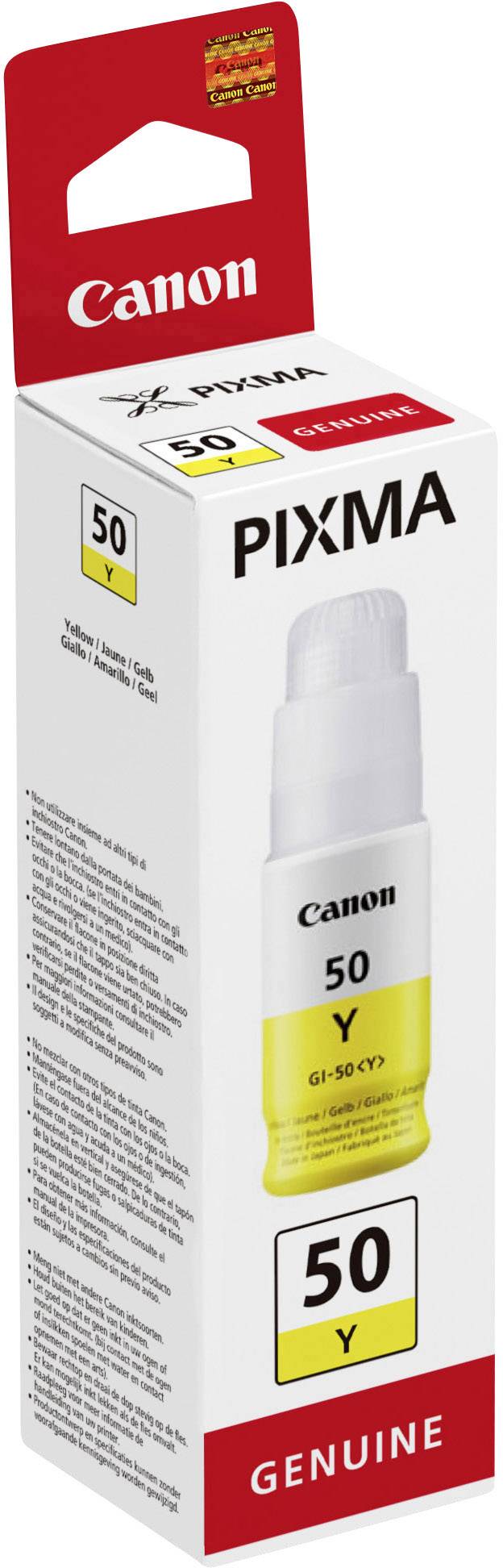 Canon PIXMA Inkoustová láhev Žlutá 50 Y. Produktový obal s logem výrobce a informacemi o produktu.