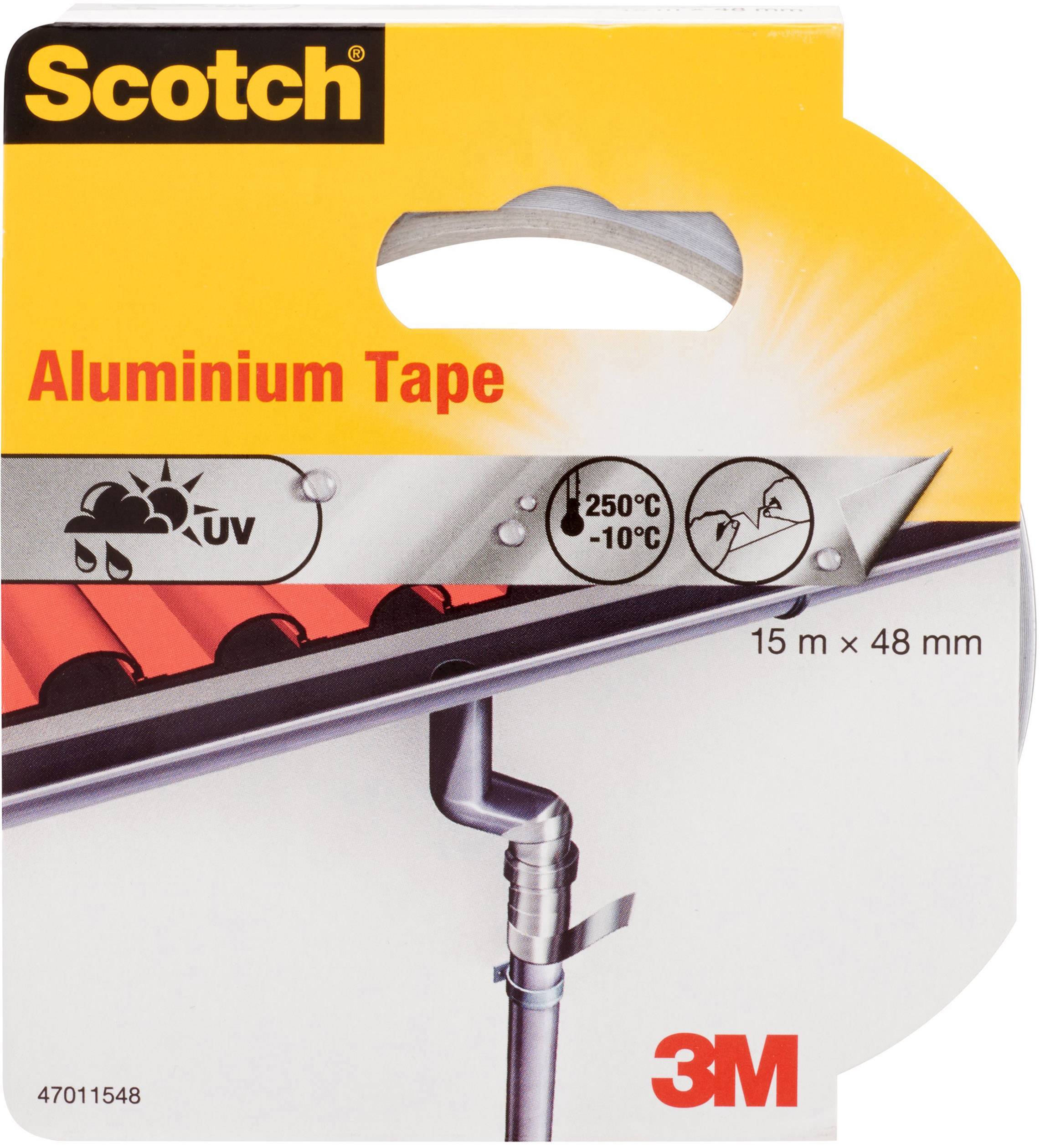 Balení hliníkové pásky 'Scotch Aluminium Tape' s UV ochranou a teplotním rozsahem (-10°C až 250°C), vhodné pro venkovní použití.