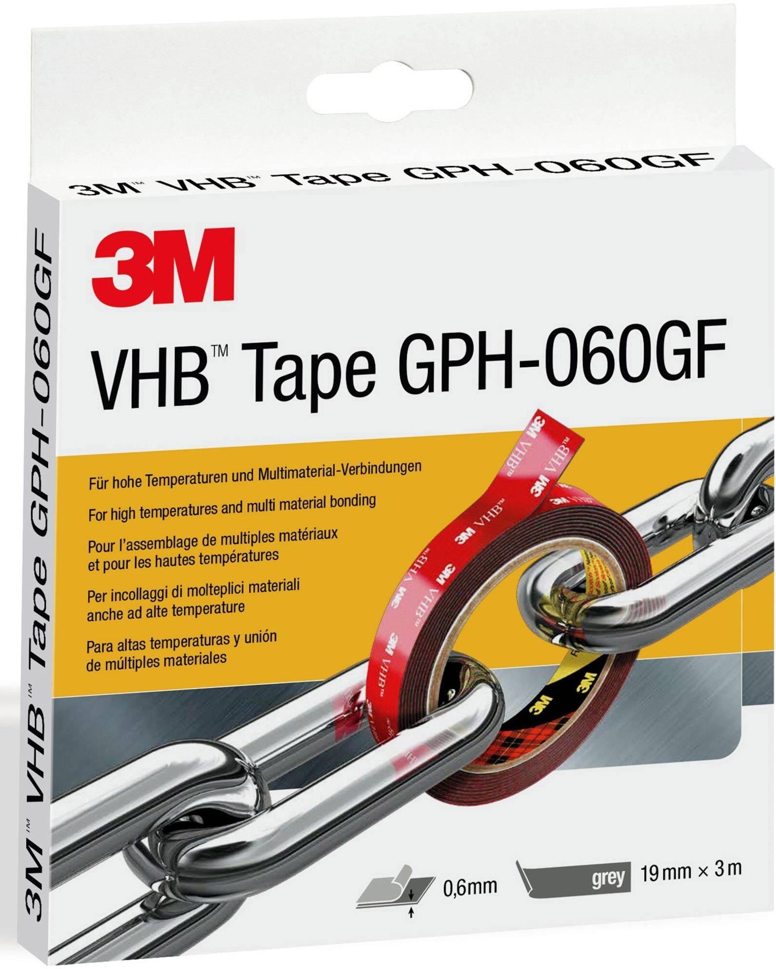 Produktová fotografie obalu pásky 3M VHB GPH-060GF s řetězy spojenými červenou lepicí páskou. Text zdůrazňuje vysokou teplotní odolnost.