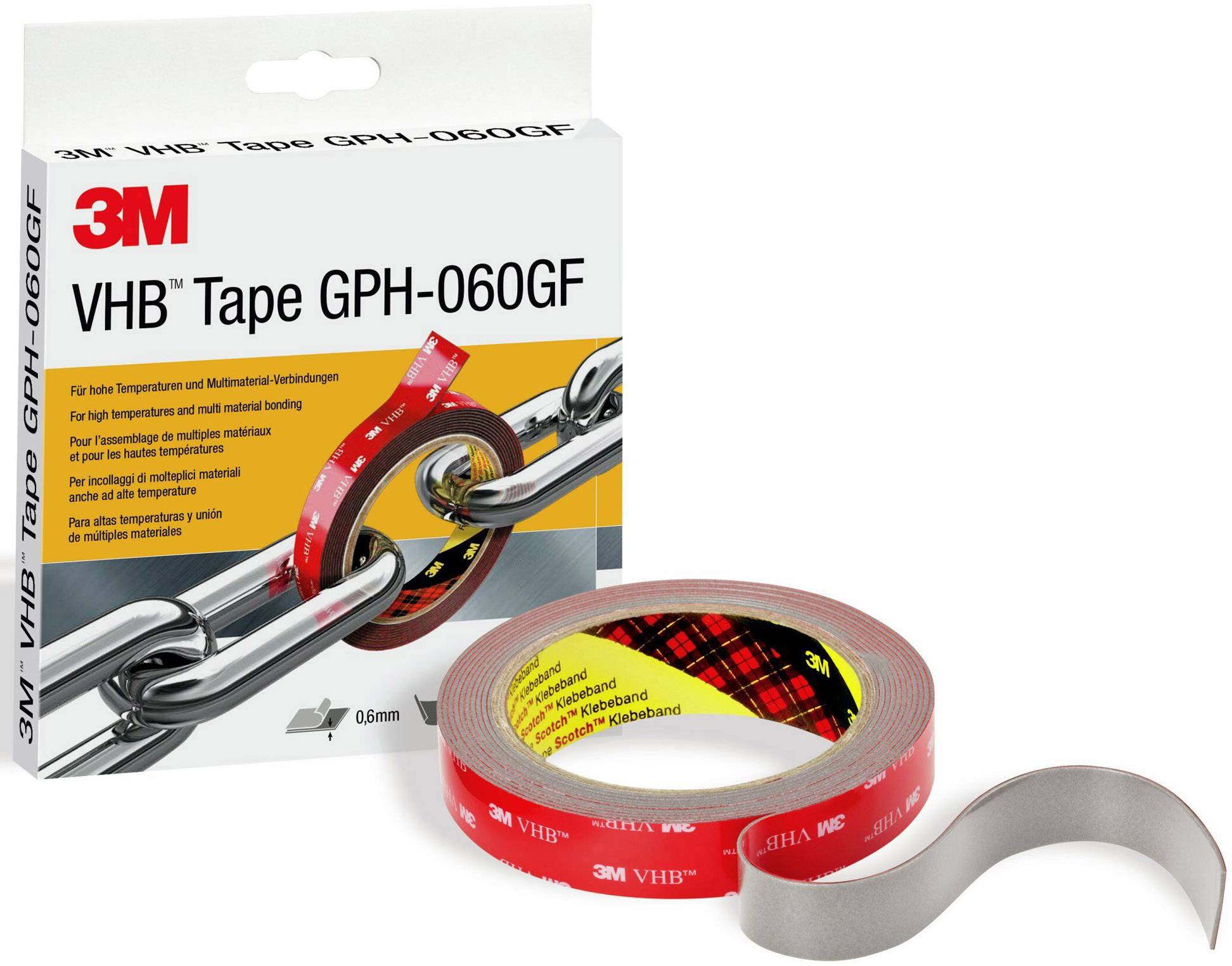 Lepicí páska značky 3M VHB Tape GPH-060GF, vhodná pro vysoké teploty a všestranné použití, zobrazená na obalu produktu.