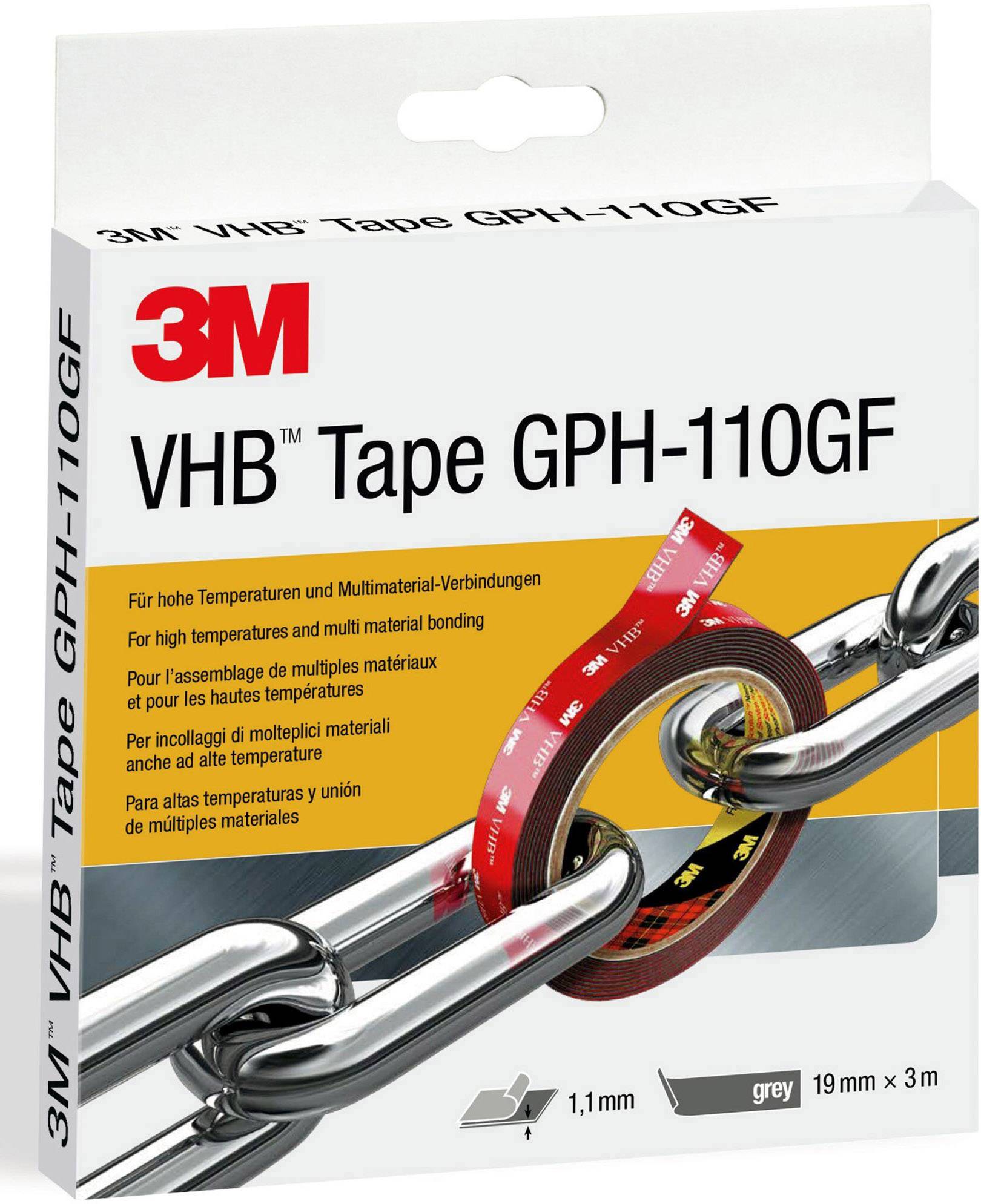 Balení oboustranné lepicí pásky '3M VHB Tape GPH-110GF', určené pro vysoké teploty a vícemateriálové spoje.