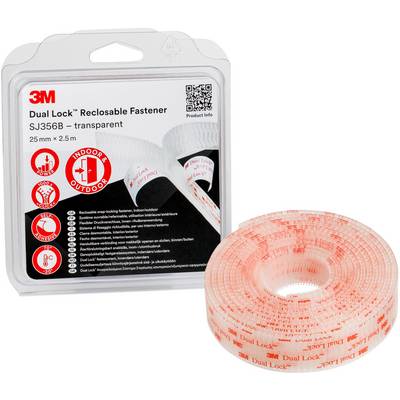 Role průhledného suchého zipu 3M Dual Lock SJ356B, 25 mm x 2,5 m, v obalu, vhodná pro vnitřní použití.