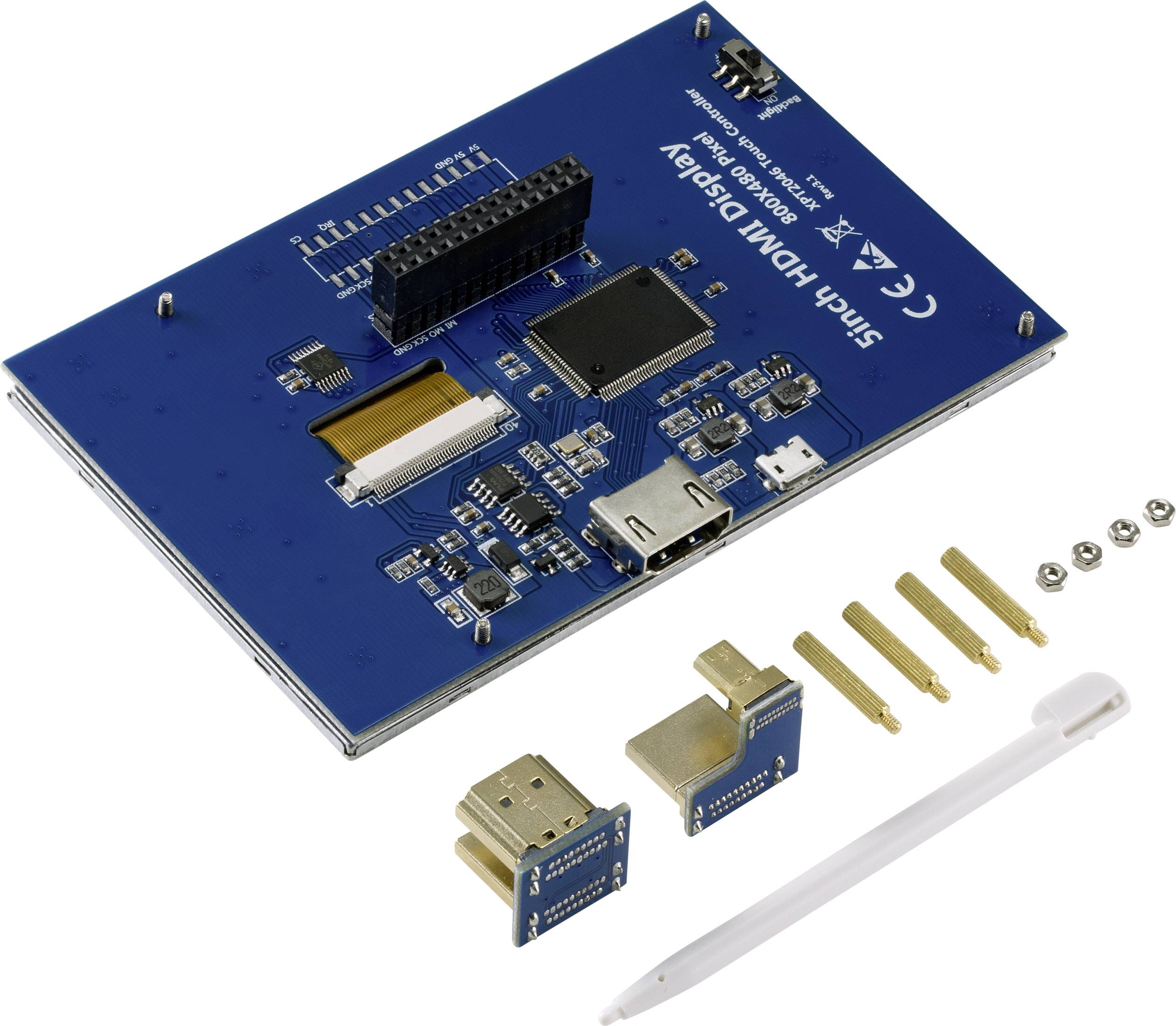 Modrá elektronická displej sada s kabely, konektory a montážními šrouby. Obsahuje HDMI display adaptér.