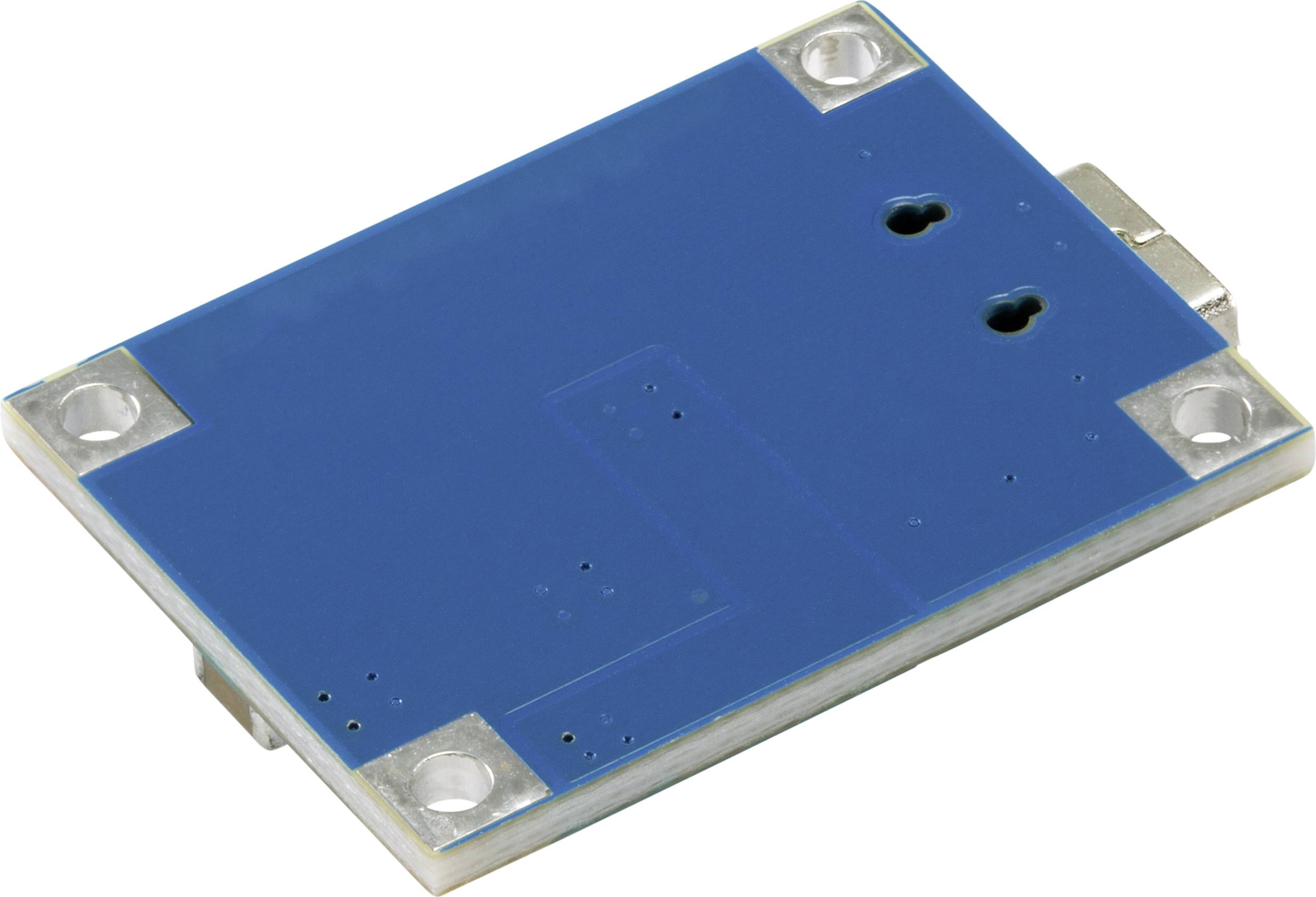 Malý, obdélníkový, modrý elektronický modul se stříbrnými okraji a upevňovacími body v rozích.