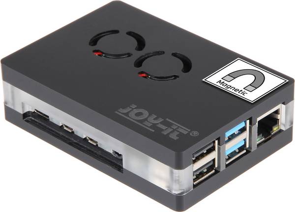 Joy-it RB-CaseP4+03 SBC skříň Vhodné pro (vývojové sady): Raspberry Pi® včetně aktivního chladiče, včetně magnetického uzávěru transparentní
