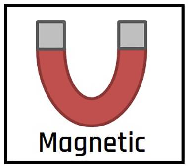 Obrázek podkovového magnetu s nápisem 'Magnetic' pod ním. Magnet je červený s šedými konci.