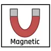 Obrázek podkovového magnetu s nápisem 'Magnetic' pod ním. Magnet je červený s šedými konci.
