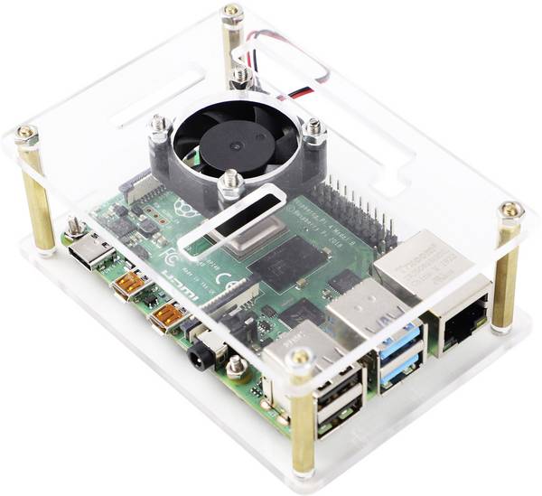 Renkforce RBP-PLC100 SBC skříň Vhodné pro (vývojové sady): Raspberry Pi®, Banana Pi, Rock Pi včetně aktivního chladiče transparentní