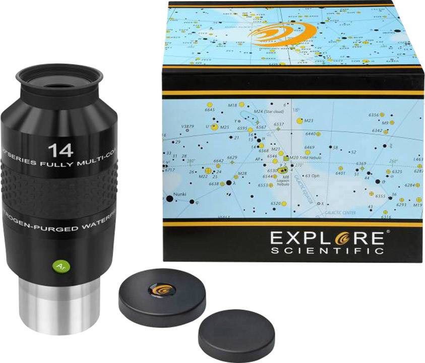 Čočka Explore Scientific o průměru 14 mm, vyčištěná dusíkem a vodotěsná, s obalem zobrazujícím souhvězdí.