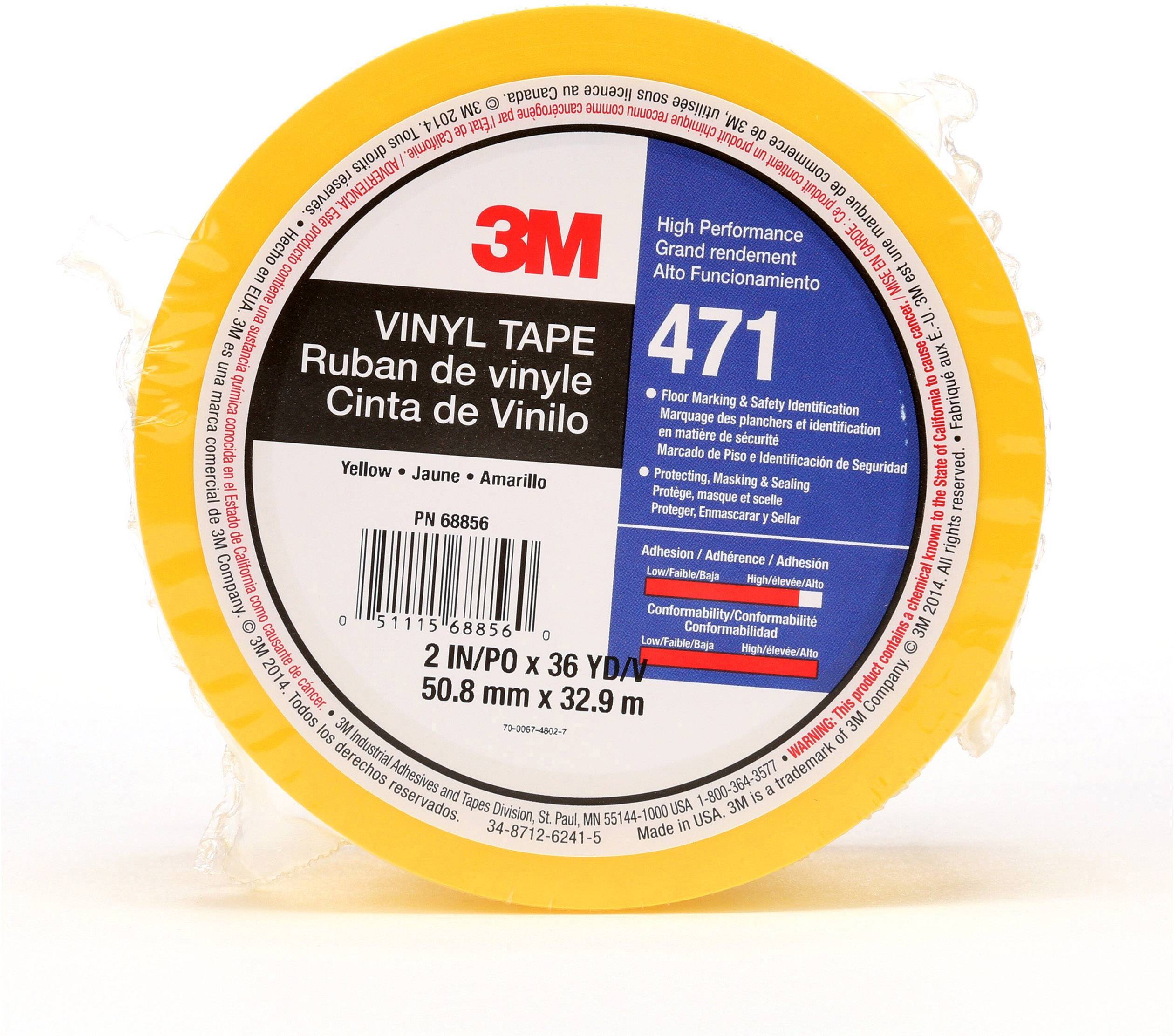 Vinylová páska 3M 471 v žluté barvě, 50,8 mm x 32,9 m. Vhodná pro značení podlah, těsnění a barevné kódování. Logo 3M nahoře.