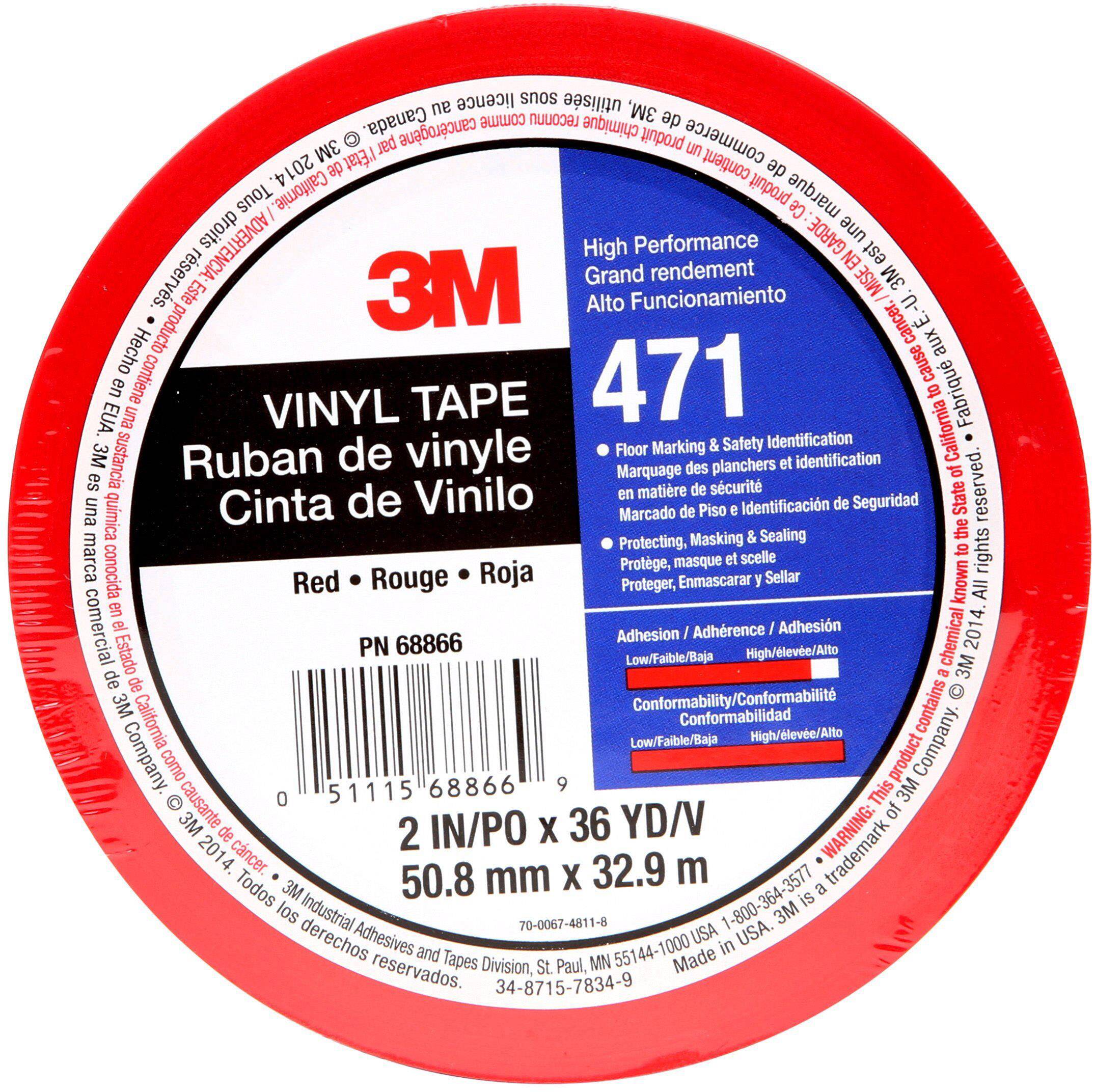 Vinylová páska 3M 471, červená role krepové pásky, 2 palce x 36 yardů, hlavní využití: značení podlah a bezpečnost.