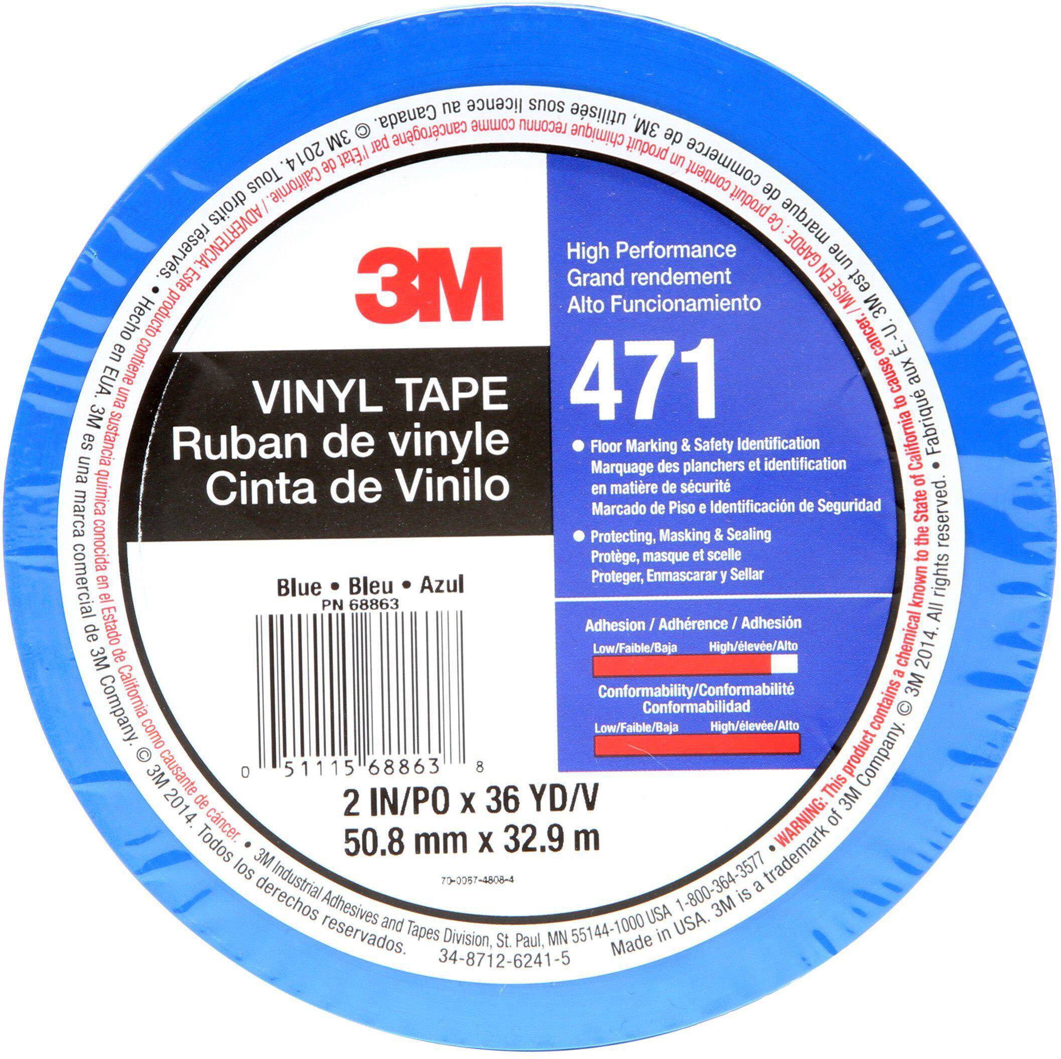 Produktový štítek role modrého vinylového lepicího pásku 3M 471. Pro značení a identifikaci. Rozměry: 50,8 mm x 32,9 m.