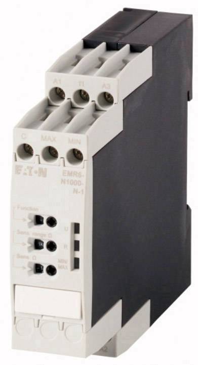 Bílý a černý elektrický reléový modul s označením 'EMR5-N1000-N-1'. Má konektory nahoře a různé přepínače vpředu.