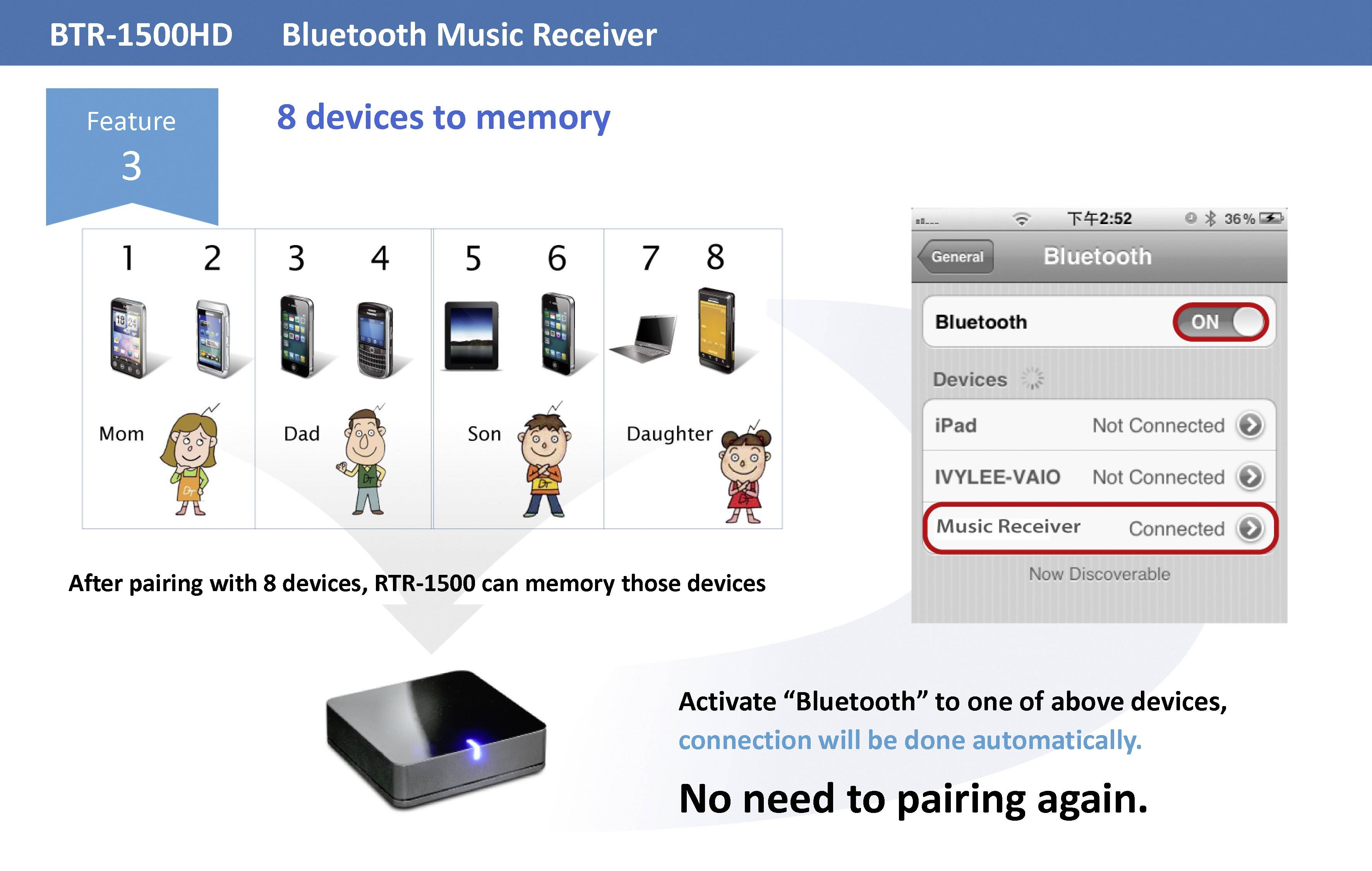 Přijímač hudby Bluetooth ukazuje, jak zařízení ukládá až osm zařízení a automaticky navazuje bluetooth připojení.