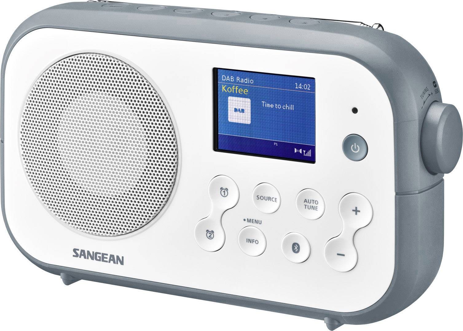 Sangean DPR-42BT White-Stone Blue A500426 přenosné rádio, DAB+, FM, Bluetooth, s akumulátorem, funkce alarmu, bílá, kame-1