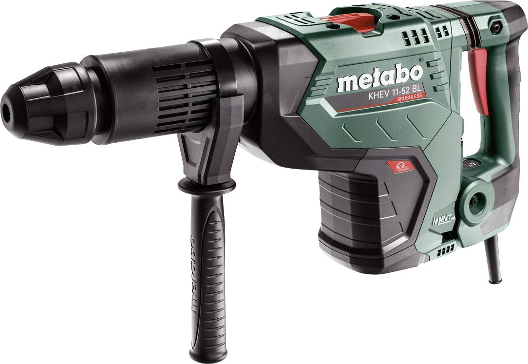 Vrtací kladivo Metabo s bočním madlem a špičatým sekáčovým bitem, zobrazené na bílém pozadí.