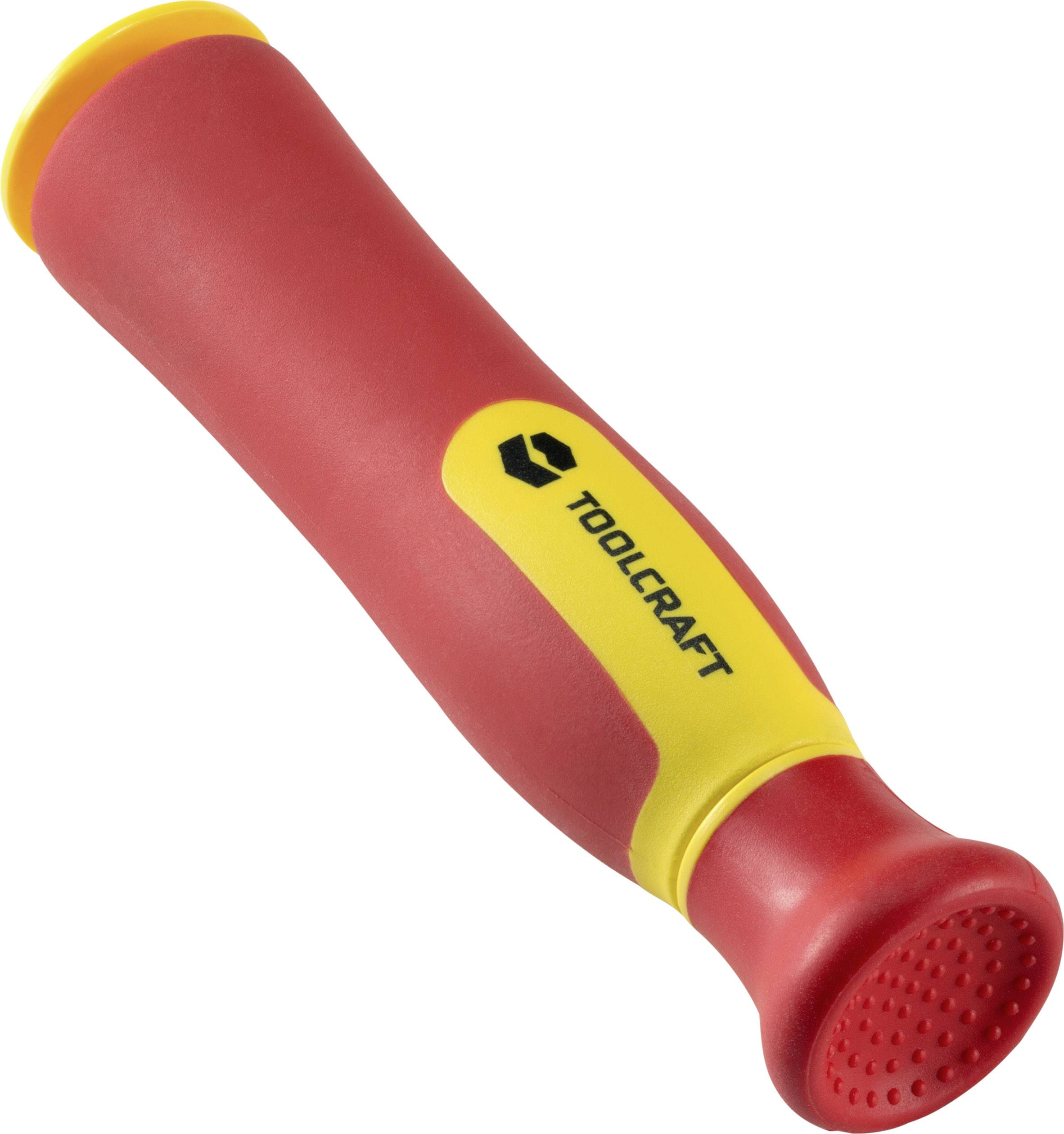 Červený rukojeť šroubováku s žlutými akcenty, s viditelným názvem značky 'Toolcraft'. Ergonomicky tvarovaná pro lepší úchop.