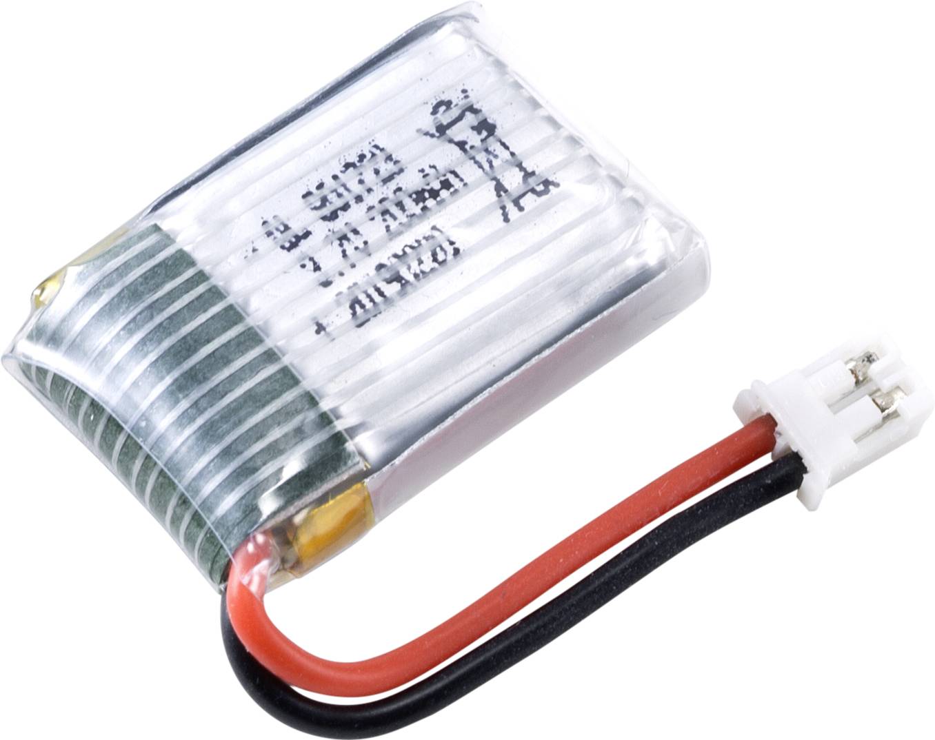 Malý obdélníkový lithium-polymerový akumulátor s červeným a černým vodičem a bílou zástrčkou.