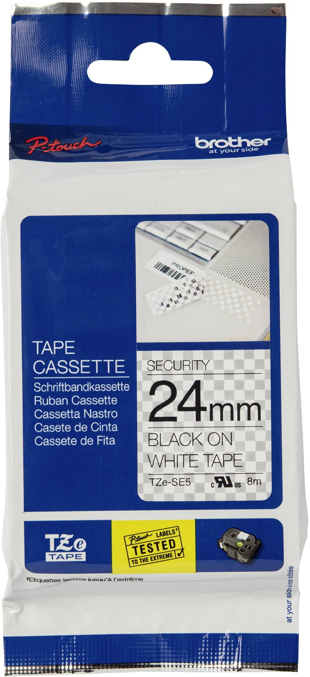 Brother Schriftbandkassette TZe-SE5, 24mm, bezpečnostní páska, černá na bílé, 8m, obal zobrazuje kazetu a čárový kód.