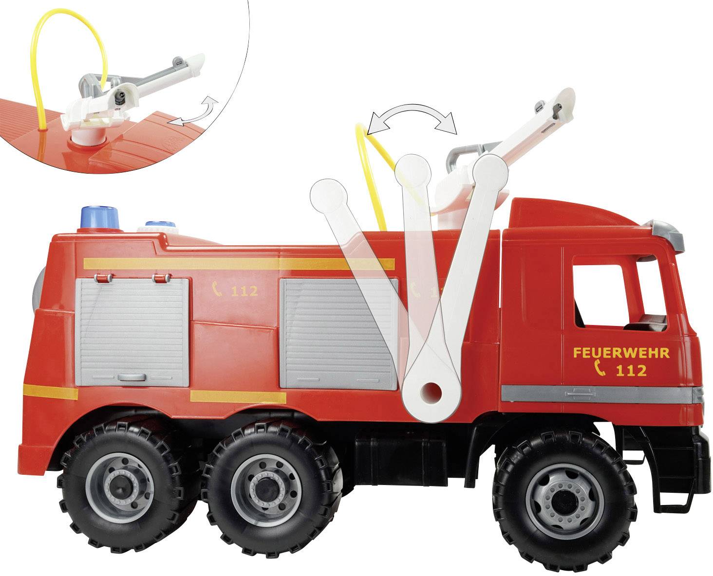 Hračkářské hasičské auto z červeného plastu s pohyblivým žebříkem. Po stranách jsou šedé dveře. Vlevo nahoře detailní pohled na vodní dělo.