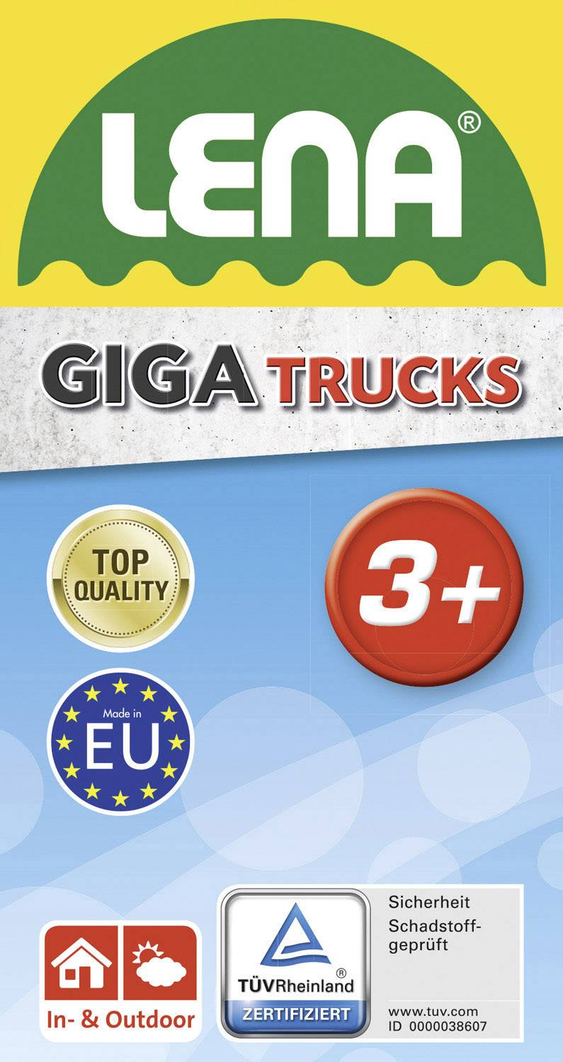 'LENA GIGA TRUCKS' hračkářská sada s označením 'Top Quality' a 'Vyrobeno v EU', pro děti od 3 let, certifikováno TÜV Rheinland.