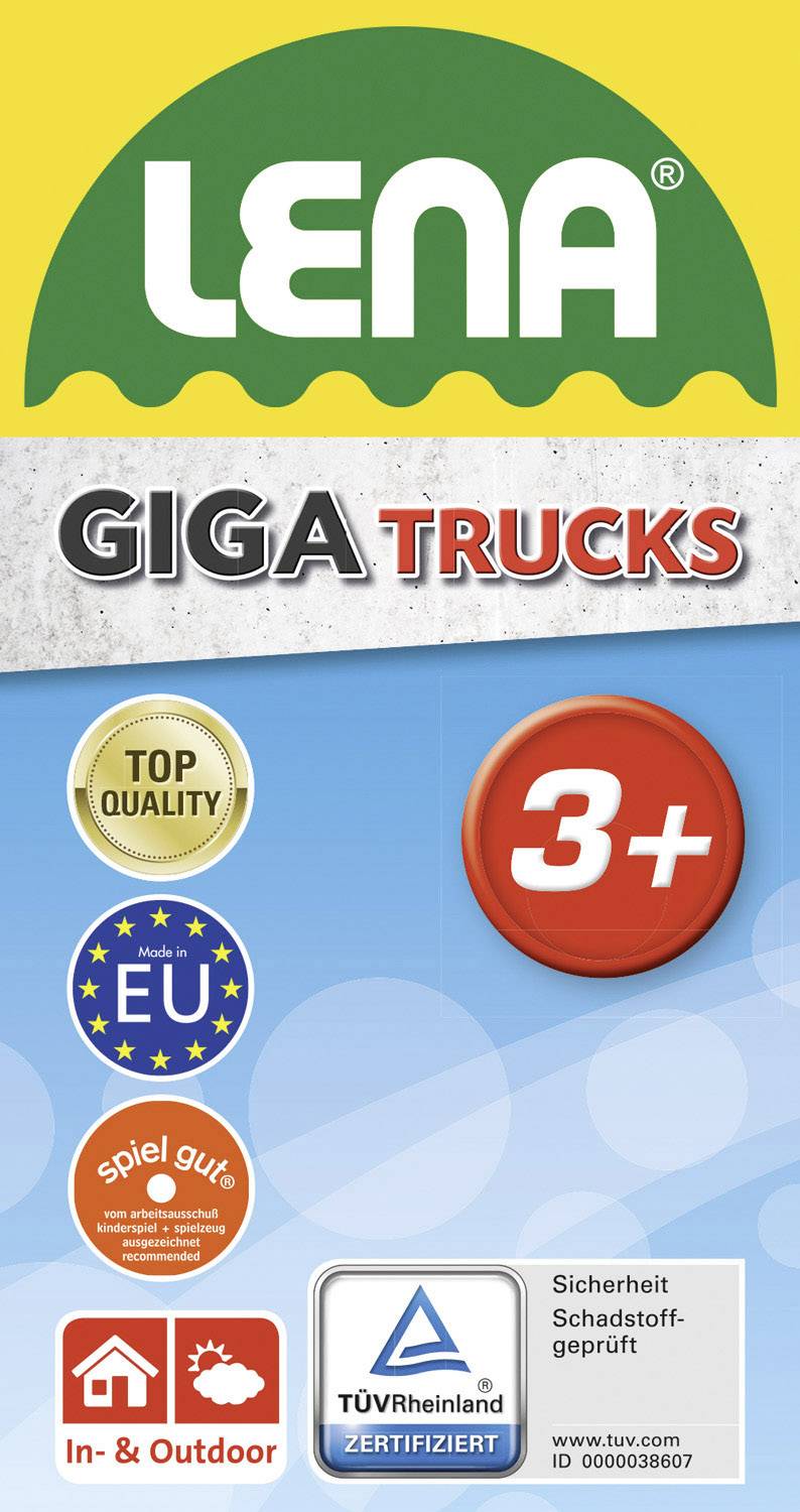 Hračky LENA Giga Trucks s certifikáty EU a TÜV, vhodné pro děti od 3 let, do interiéru i exteriéru.