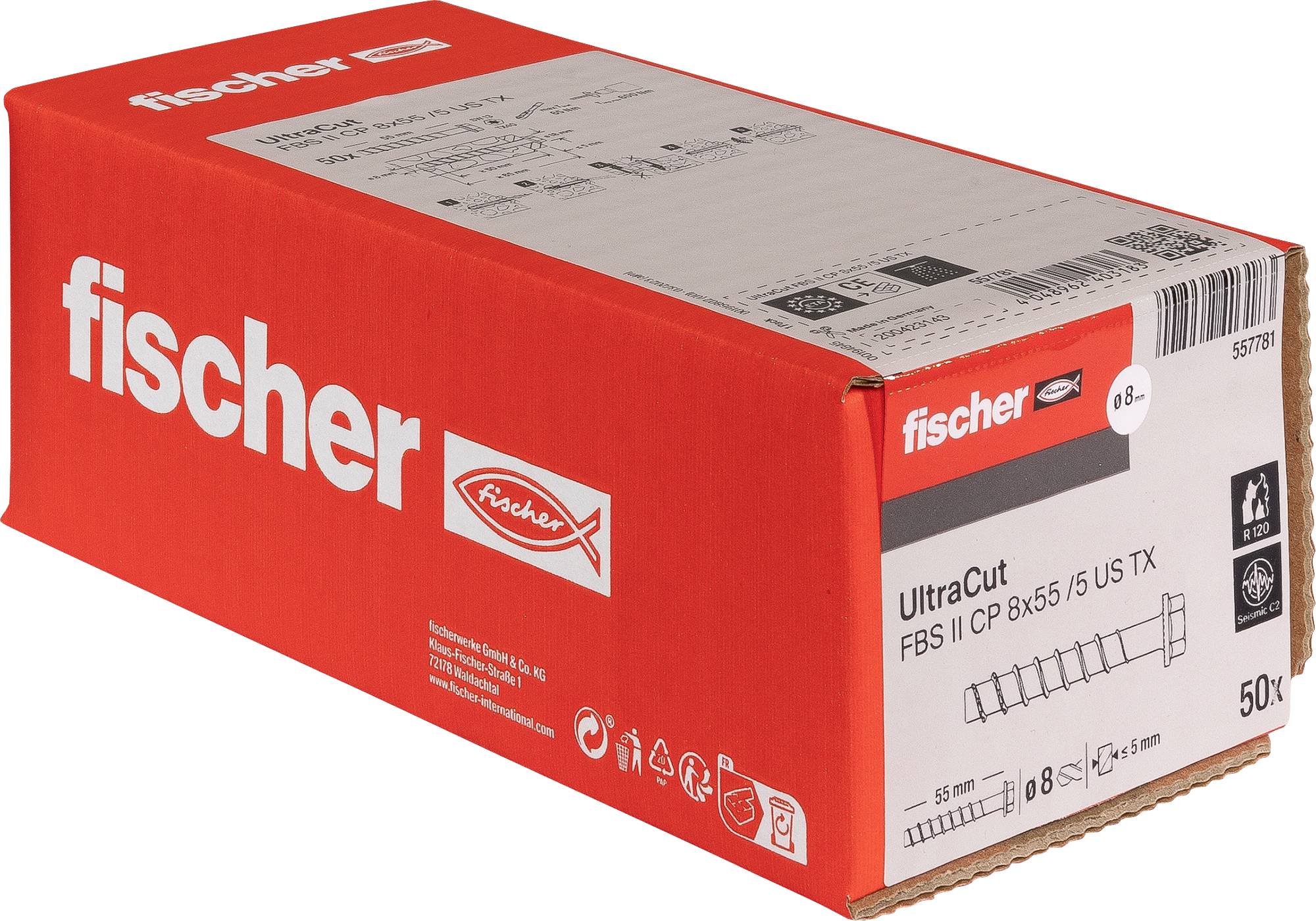Krabice produktu Red Fischer s označením 'UltraCut FBS II CP 8x55/5 US TX', zobrazená v perspektivě na bílém pozadí.