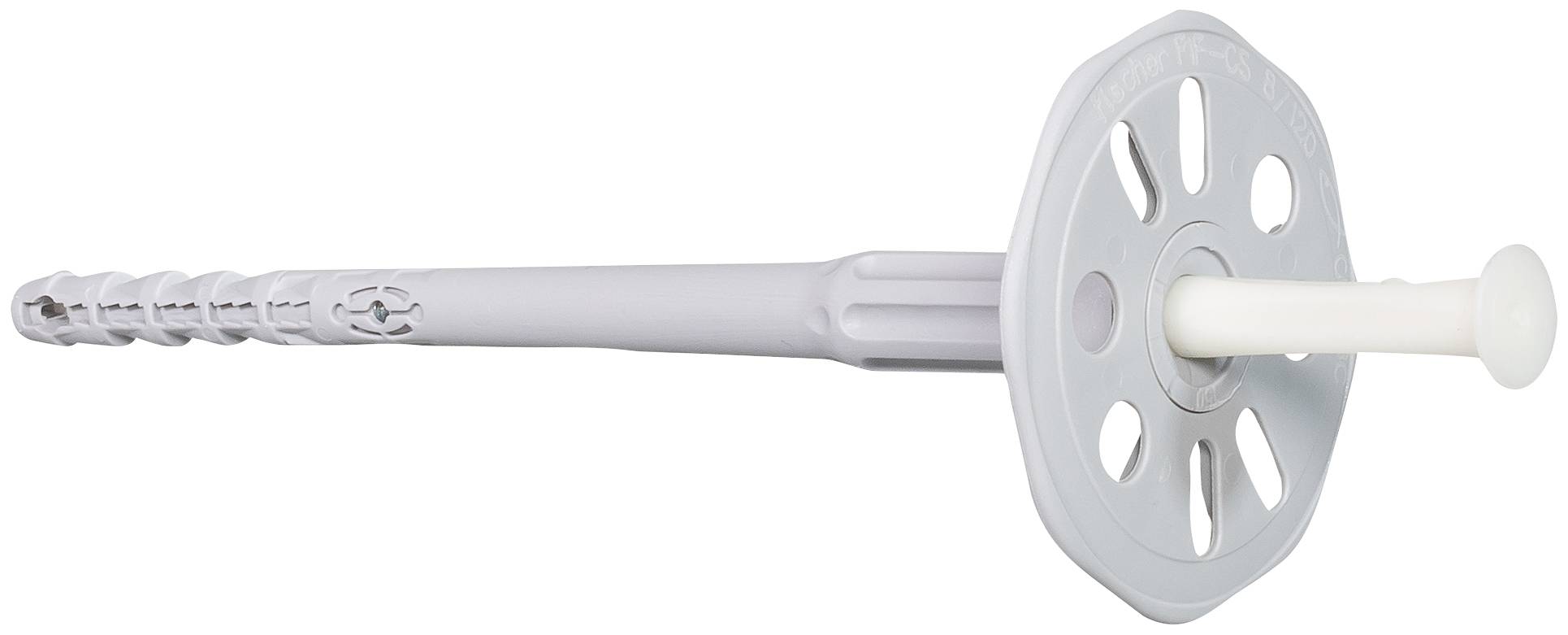 Plastová napínací kotva se stěny s velkým kulatým límcem a rozepínacím šroubem, určená pro upevnění prvků do sádrokartonu nebo zdiva.