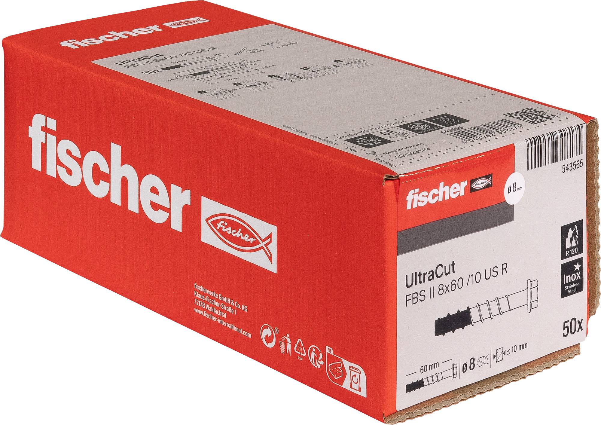 Krabička Red Fischer UltraCut s 50 nerezovými šrouby, zobrazená na bílém pozadí.