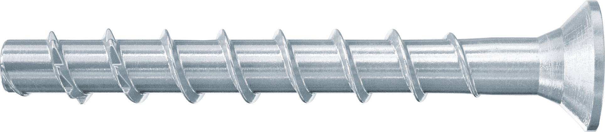 Stříbrný kovový šroub s plochou hlavou a hrubými spirálovitými závity, zobrazený vodorovně na bílém pozadí.