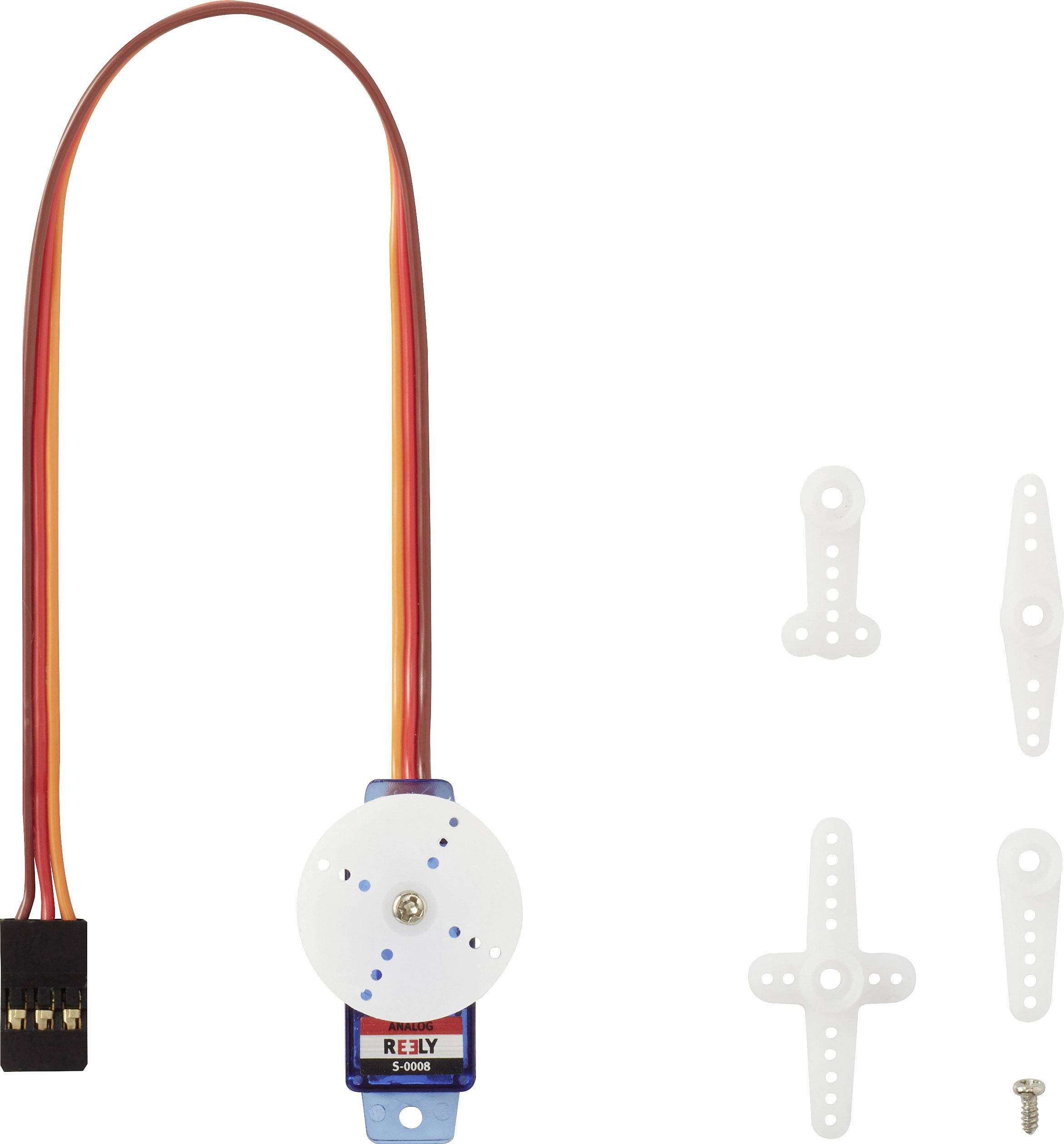 RC servo motor s kabelem a různými bílými plastovými rameny a šrouby pro montáž.