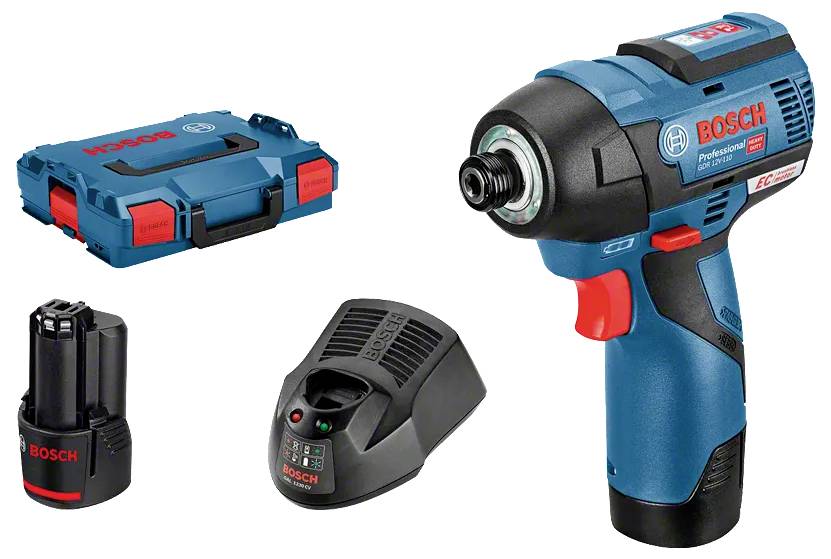 Sada bezšňůrového šroubováku Bosch obsahuje elektrický nástroj, nabíječku, baterii a přepravní kufřík. Nástroj má modro-černý design.