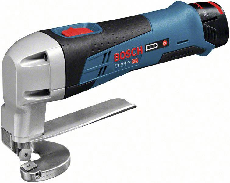 Akumulátorové nůžky Bosch, model Professional GSC 12V-13, v modré a černé barvě, s stříbrnou řezací hlavou a ergonomickou rukojetí.