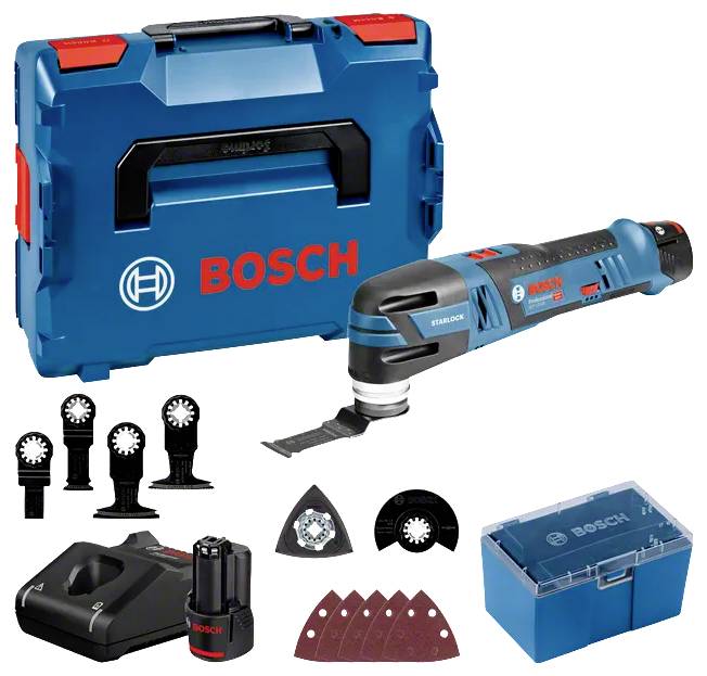 Sada BOSCH akumulátorového multifunkčního nářadí včetně baterie, nabíječky, přepravního kufříku a různých pomocných nástavců.