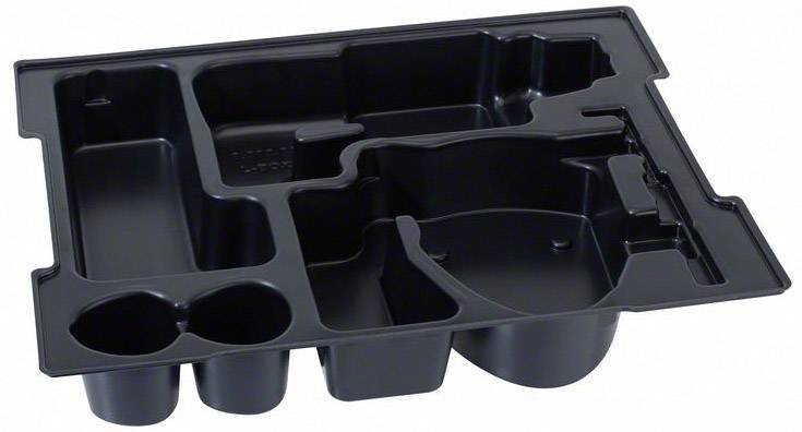 Černý plastový obal s několika přihrádkami pro různé produkty. Hlavní přihrádka je velká a obdélníková, ostatní jsou menší.