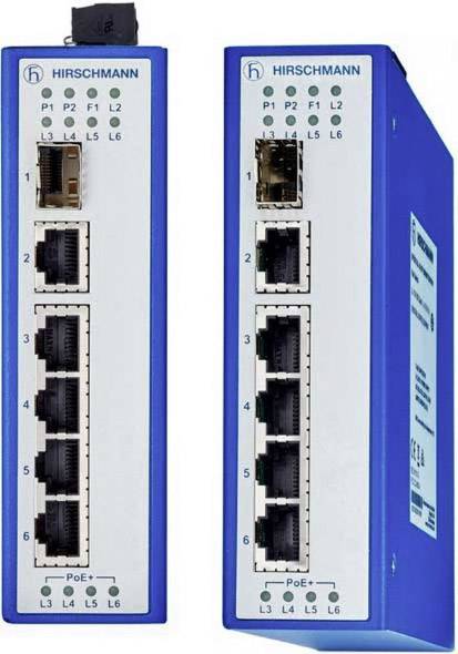 Dva modré síťové switche, každý s několika ethernetovými porty a LED indikátory. Značkový název 'Hirschmann' je viditelný nahoře.