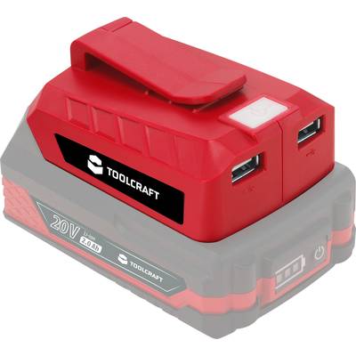 Červená, obdélníková nabíječka se dvěma USB porty nahoře a bílým tlačítkem. Logo Toolcraft je viditelné.