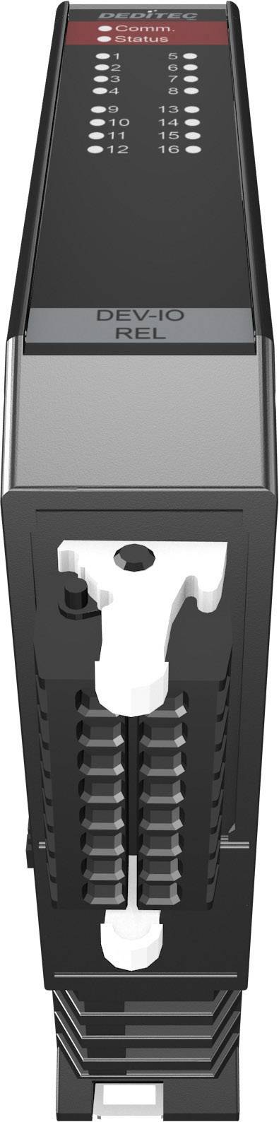 Elektronické zařízení s označením 'DEVIO REL', černé šasi, s mnoha vstupy a LED indikátory viditelnými nahoře.